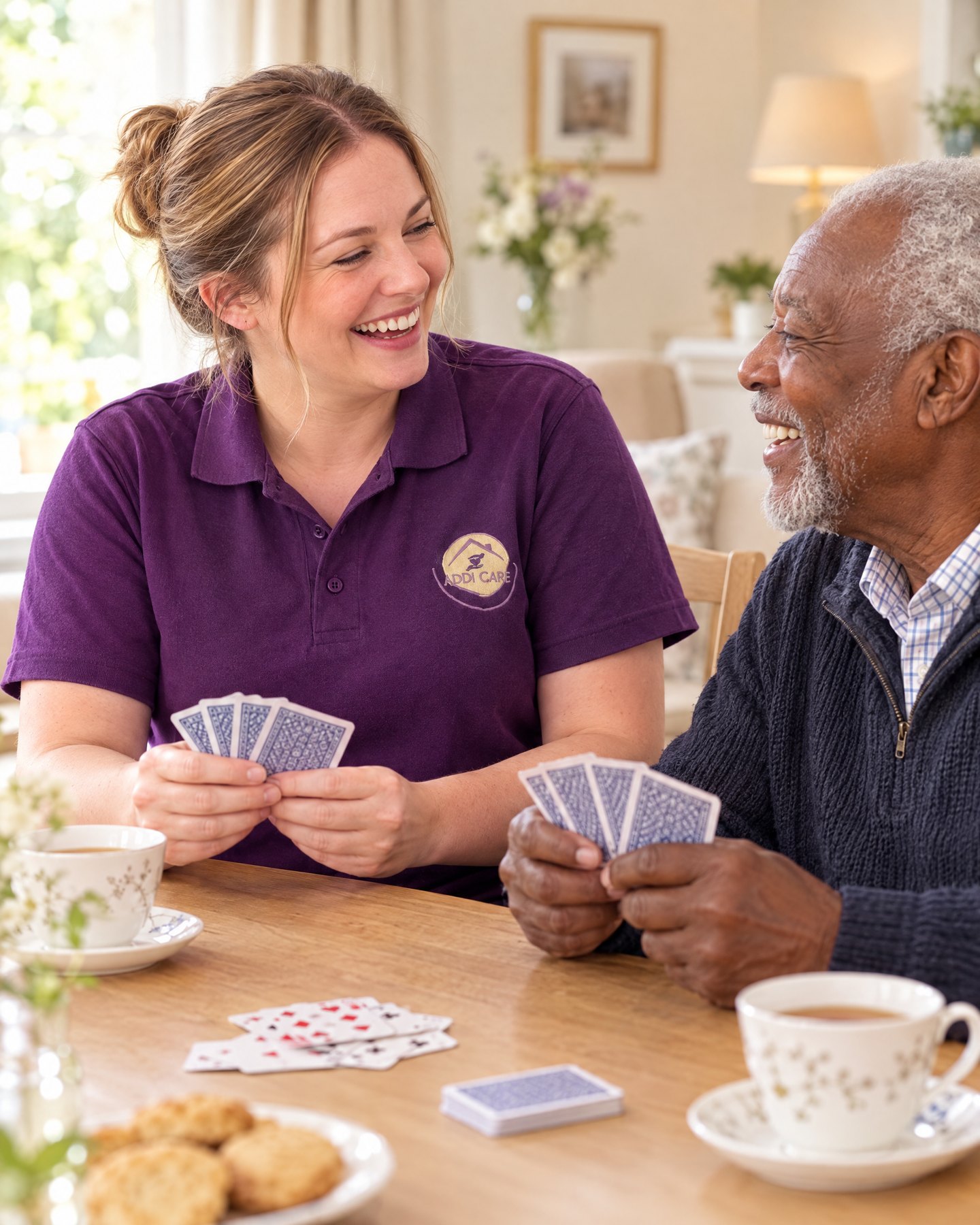 AddiCare companionship carer in the purple AddiCare uniform playing cards with an older man at home in Chesterfield