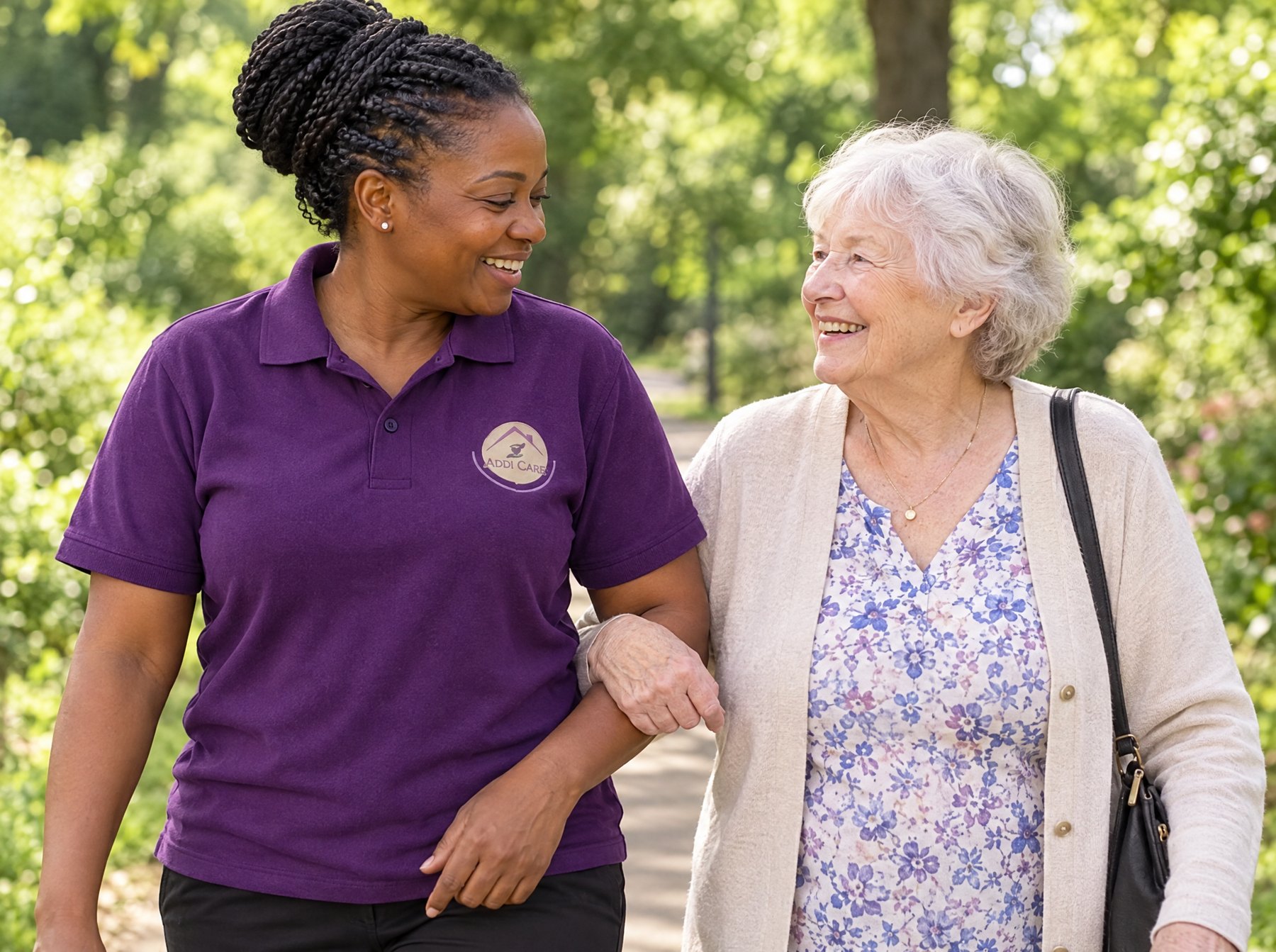 AddiCare carer in the purple AddiCare uniform walking with an older woman in a park during a companionship outing