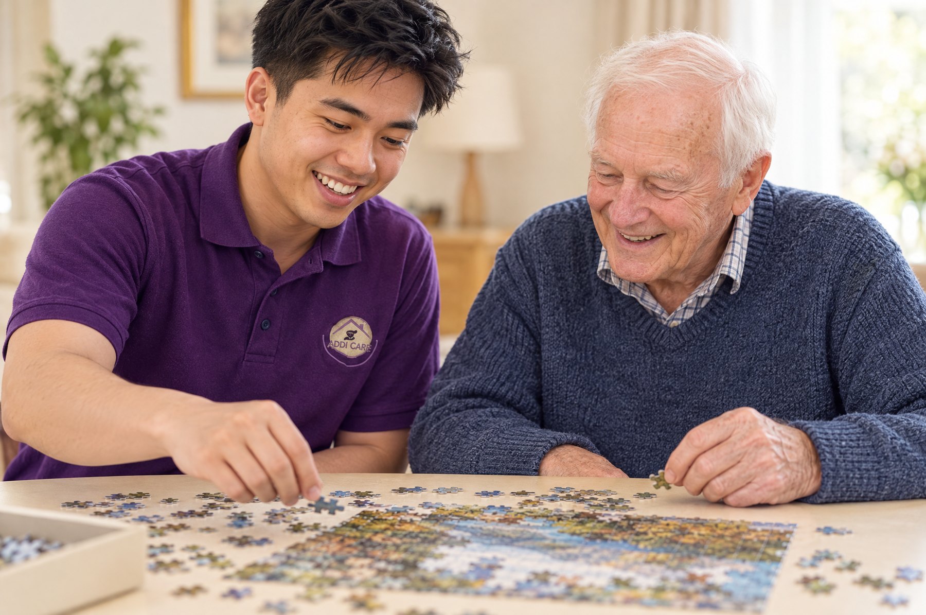 AddiCare carer in the purple AddiCare uniform doing a jigsaw puzzle with an older man during a companionship visit